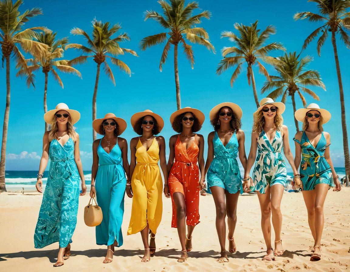 A stylish beach scene featuring a diverse group of fashionable women showcasing vibrant summer beach attire, including swimsuits, cover-ups, and accessories like hats and sunglasses. The background has golden sand, turquoise waves, and palm trees swaying in the breeze, enhancing the summer vibe. Bright colors and playful patterns capture the essence of summer fashion. Illustrative style. vibrant colors. sunny atmosphere.
